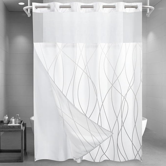 No Hook Ombre Grey White Striped Long Shower Curtain with Snap in Liner Set - Hotel Shower Curtain and Liner Set with See Through Mesh Top Window,Machine Washable, 71x86 INCH