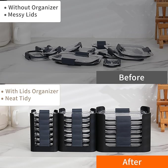 Food Container Lid Organizer for Rubbermaid Brilliances nap-on lids, Lid Organizer for Kitchen Cabinet Storage (3-Piece) - Holds 24 Lids for 4.7 Cup, 3.2 Cup, 1.3 Cup & 0.5 Cup Containers (Black)