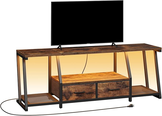 LED TV Stand with Fabric Drawers for 75 Inch TV, Entertainment Center with Power Outlets and Open Storage Shelves, Industrial Media TV Console Table for Living Room, Bedroom, Rustic Brown
