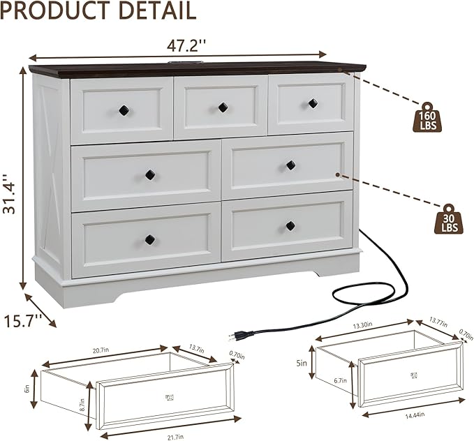 Farmhouse 7 Drawers Dresser for Bedroom with Charging Station, Wide 7 Chest of Drawers, White Wood Dressers Organizer for Closet, Modern Storage Organizer Cabinet for Living Room,Hallway & Entryway