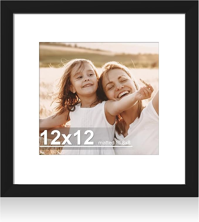 12x12 Picture Frame with Real Glass - 8x8 Wooden Frame with Mat, Horizontal and Vertical Display for Wall or Tabletop (Black, 1 Pack)