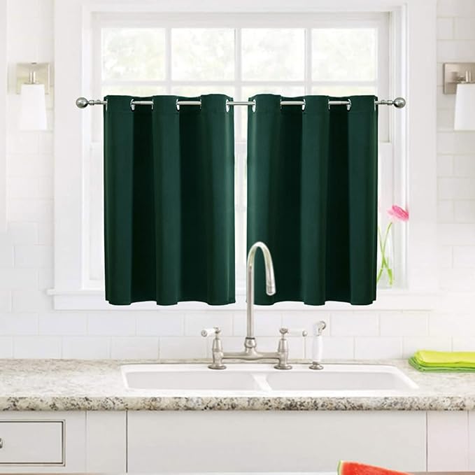 ChrisDowa Small Window Curtains for Kitchen and Bedroom - Grommet Short Thermal Insulated Room Darkening Curtains (2 Panels, Forest Green, 36 x 24 Inch)