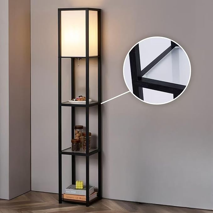 Floor Lamp with Shelves, Modern Square Standing Lamp with Glass Shelves, Corner Display Shelf with Light, Tall Lamp with Shelves for Living Room, Bedroom, Office, Bookshelf, Black