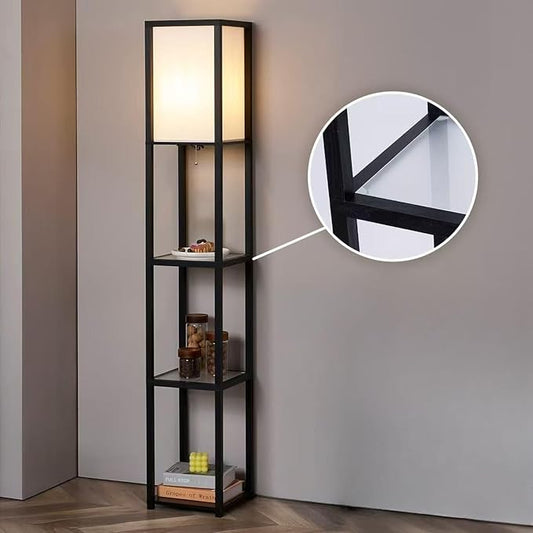 Floor Lamp with Shelves, Modern Square Standing Lamp with Glass Shelves, Corner Display Shelf with Light, Tall Lamp with Shelves for Living Room, Bedroom, Office, Bookshelf, Black