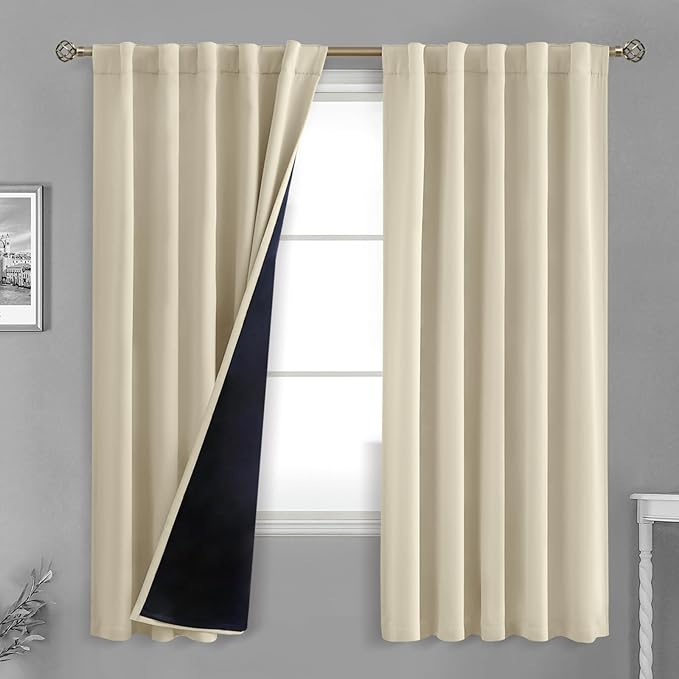 BGment Beige Full Blackout Curtains with Thermal Insulation Liner Curtains 72 Inches Long，Rod Pocket and Back Tab Double Layer Room Darkening Window Curtain for Bedroom(42 x 72 Inch, 2 Panels, Beige)