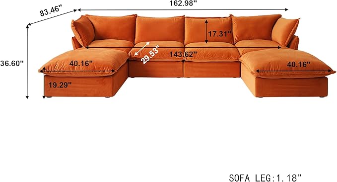 JACH U-Shaped Couches for Living Room, Convertible Sectional Sofa, Modern Deep Seat Soft Cloud Couch, Modular Sectional Sofas with Two Ottomans for Living Room, Apartment (Orange)