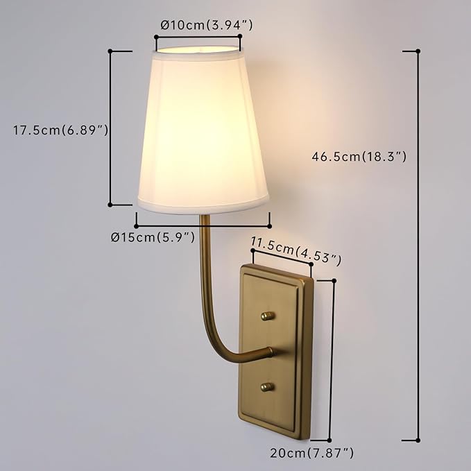 Vintage Brass Wall Sconce 1-Light, White Fabric Shade Wall Lamp Hardwired Indoor Wall Light for Bedroom Living Room Vanity Bathroom