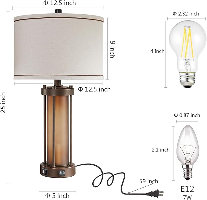 Farmhouse Table Lamps for Living Room with 2 USB Charging Ports, Vintage Rustic Nightstand Lamp with Amber Glass Nightlight, Retro Desk Lamp for Bedroom Entryway, 2 Bulbs Included
