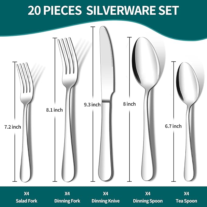 20 Piece Silverware Set, ENLOY Stainless Steel Flatware Cutlery Set, Kitchen Utensil Set Service for 4, Include Knife Fork Spoon, Mirror Polished, Dishwasher Safe