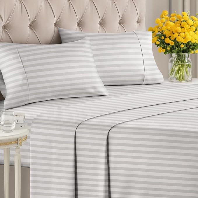 Grey Striped Sheets - 1 Flat & 1 Fitted Sheet & 2 Pillowcases w/ Deep Pockets - Comfy, Cozy, Wrinkle & Fade Resistant - Ultra-Soft, Breathable and Cooling - Luxury Pinstripe Bedding - Queen Size