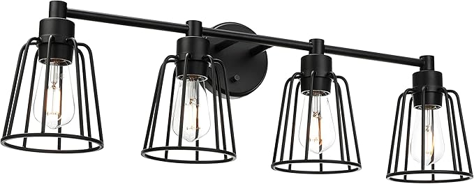 XiNBEi Lighting Farmhouse Vanity Light for Bathroom, 4 Light Industrial Bathroom Lighting Fixtures Over Mirror in Matte Black Finish, Vanity Lights with Cage Shade XB-W1287-4-MB