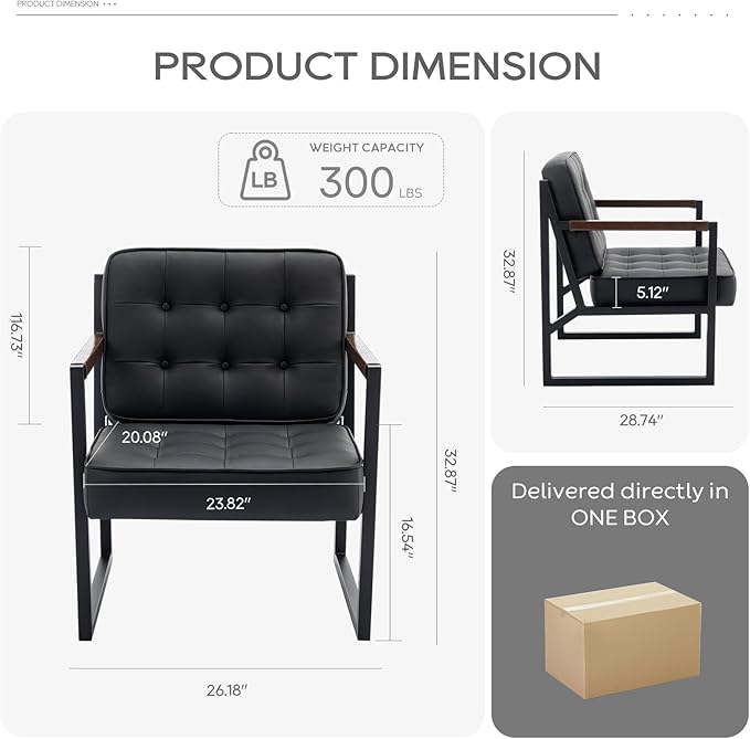 COLAMY Mid Century Modern Accent Chair Set of 2, Comfy Living Room Chair, Black Leather Accent Chair, Faux Leather Reception Armchair with Metal Legs for Living Room Bedroom Reception Office, Black
