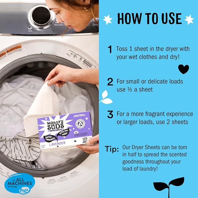 Molly's Suds Fabric Softener Dryer Sheets for Sensitive Skin | Plant-Based Static Reducer, Plastic-Free Packaging | Bundle of 2, Peppermint (240 Sheets Total)