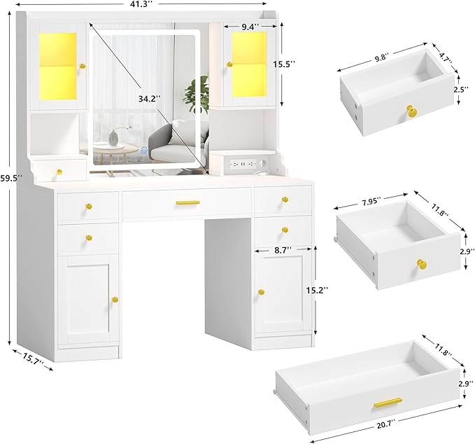 Vanity Desk with Mirror and Lights, White Makeup Vanity Table with Charging Station，Large Vanity Desk with 6 Drawers & 2 RGB Cabinet, Dressing Table Set with Lighted Mirror Adjustable, for Bedroom
