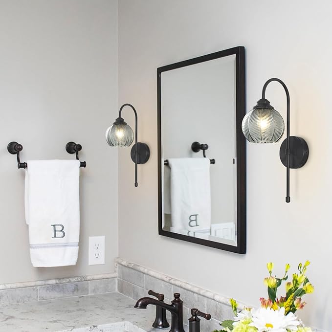 KCO Lighting Smoked Glass Wall Light Large Black Globe Wall Sconce Mid Century Modern Bathroom Vanity Light Fixture Black Long Wall Sconce Farmhouse Hardwire Wall Sconce