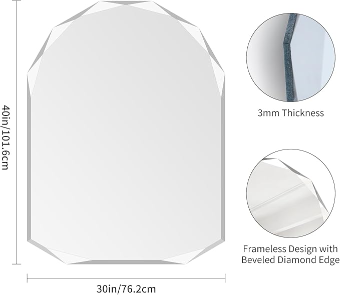 KOCUUY 30"x40" Frameless Mirror, Arched Shape with Diamond-Shaped Beveled Edge,Unframed Decorative with Upgraded Shatterproof Glass,Unique Frameless Mirror for Bathroom,Living Room,Bedroom
