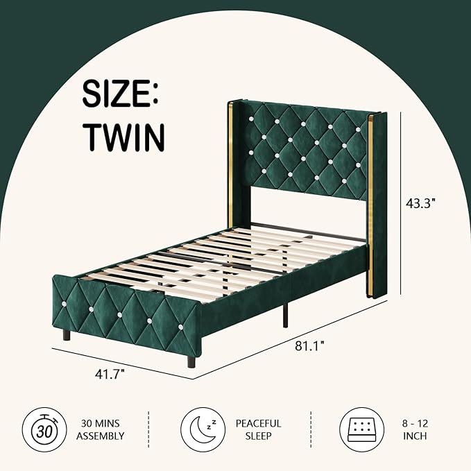 HOMBCK Twin Bed Frame with Headboard, Velvet Upholstered Bed with Diamond Tufted Design, Kids Bed Frame with Wooden Slats Support, No Box Spring Required, Easy Assembly, Green
