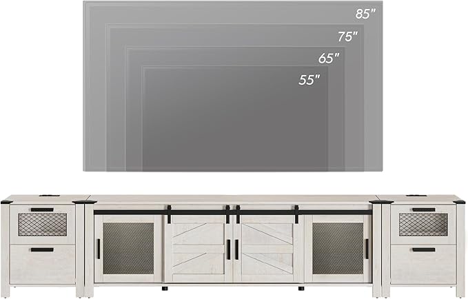 WAMPAT TV Stand Set for 85 inch TV with Charging Station, 3 in 1 Wood Entertainment Center TV Console Table for Living Room, Antique White
