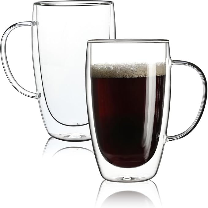 Aurzen 2 Pack Double Walled Glass Coffee Mugs with Handles, Large Insulated Layer Coffee Cups, 15oz Clear Borosilicate Mugs, Perfect for Cappuccino, Tea, Microwave Safe