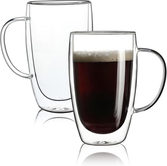 Aurzen 2 Pack Double Walled Glass Coffee Mugs with Handles, Large Insulated Layer Coffee Cups, 15oz Clear Borosilicate Mugs, Perfect for Cappuccino, Tea, Microwave Safe