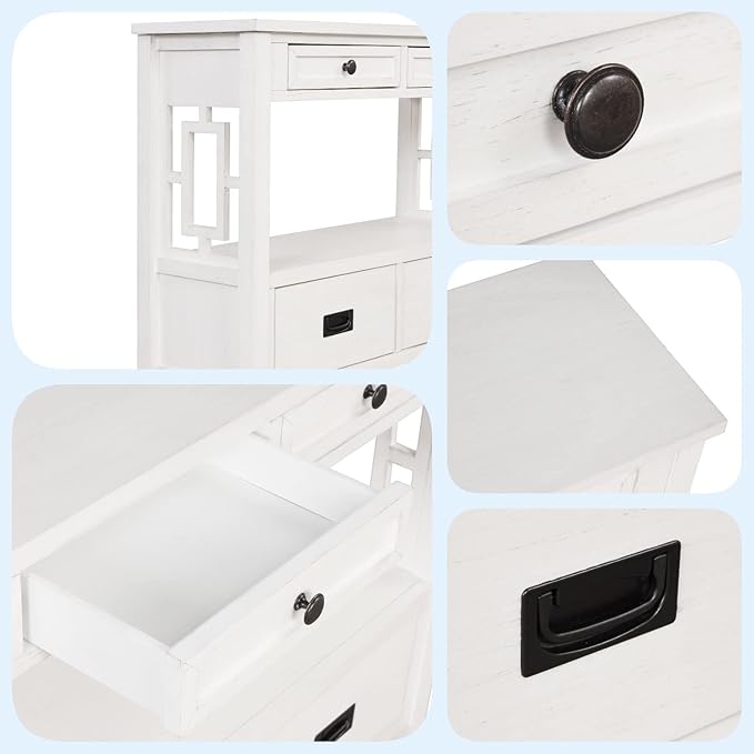 36 Inch Country Farmhouse Console Table with 4 Drawers and 1 Storage Shelf Pine Wood Suitable for Entryway Entrance Living Room Bedroom Hallway Kitchen (Antique White)