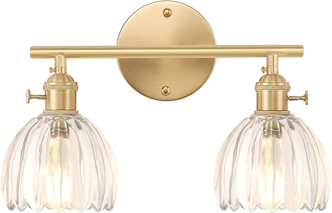 Bathroom Light Fixtures, 2-Light Brass Vanity Wall Light Over Mirror with Clear Tulip Glass Shade for Bedroom Living Room