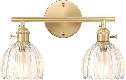 Bathroom Light Fixtures, 2-Light Brass Vanity Wall Light Over Mirror with Clear Tulip Glass Shade for Bedroom Living Room