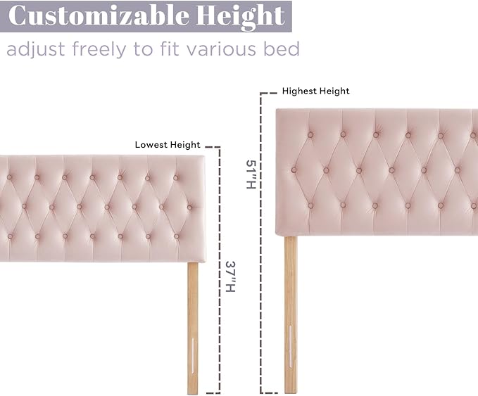 Kingfun Tufted Upholstered Full Size Bed Headboard in Modern Button Design, Adjustable Solid Wood Head Board, Premium Velvet Fabric Padded Headboards in Bedroom (Pink)