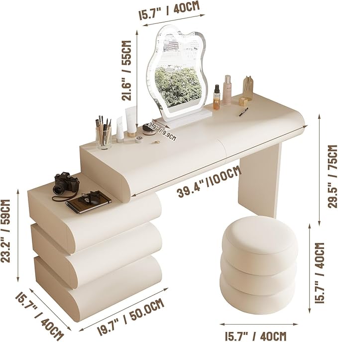 Makeup Vanity Desk with Mirror and Lights, Luxury Dressing Table with Free Retractable Side Cabinet, Microfibre Leather Wrapped Vanity Set with 5 Solid Wood Drawers, Stool-39.4in / White