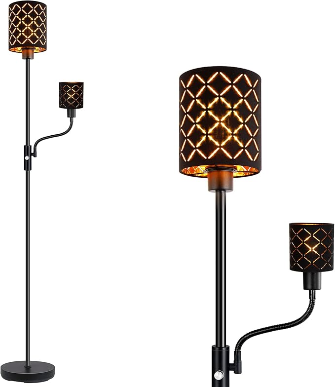 Gothic Black Floor Lamp with Adjustable Reading Light, 71" LED Torchiere Standing Lamp with Gold-Lined Shade, 3-Way Switch, Bulbs Included — Moody Industrial Decor for Bedroom & Living Room