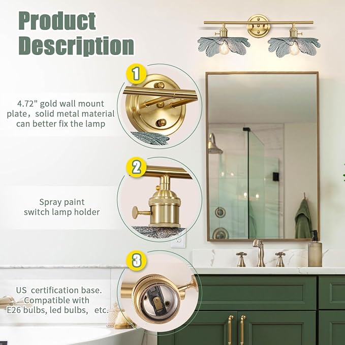 gold vanity light mid century Modern Vanity Lights Fixtures 2 light bathroom sconce with Dark Green Glass Shade gold Wall Sconce Light Bathroom Lights Over Mirror for Bedroom Hallway Living Room