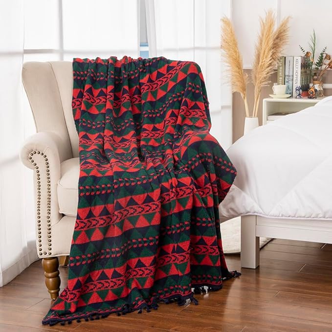 Gealaek Boho Throw Blanket Lightweight Soft Cozy Decorative Blankets for Sofa Bed Farmhouse Throw Blanket Aztec Blanket with Tassel Navy Red Green Checkered 50" x 60"