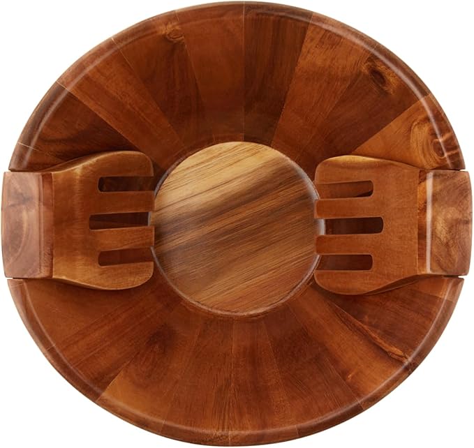 Night Tree Large wooden salad bowl with serving forks mixing, wood salad bowl set for food or fruits, magnetic utensils fit for 6–8 servings, ideal to family meals or as a unique gift