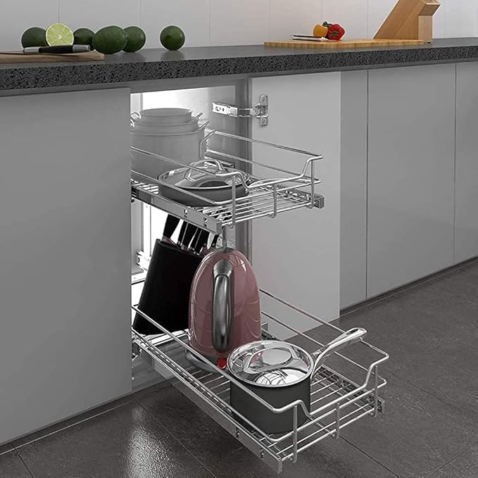 2 Tier Pull Out Cabinet Organizer 18" W X 22" D, Slide Out Drawers For Kitchen Cabinets, Pull Out Drawers For Cabinets Capacity Heavy Duty Caddy, Cabinet Pullout Shelves Chrome-Plated,Bathroom Pantry
