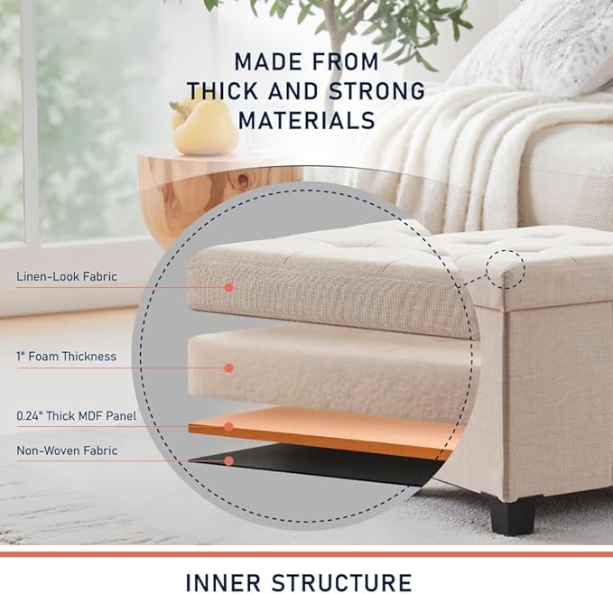 Ornavo Home 15 Inch Folding Storage Ottoman with Storage, Square Cube Linen Small Storage Ottoman Foot Rest Stool with Legs - Beige