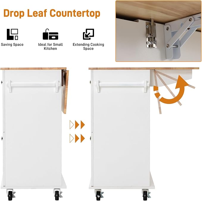 59" Kitchen Cart with Wood Top and Drop Leaf Breakfast Bar, Rolling Mobile Kitchen Island Table on Wheels with Drawer and Storage Cabinet, Spice Rack, Towel Rack, White