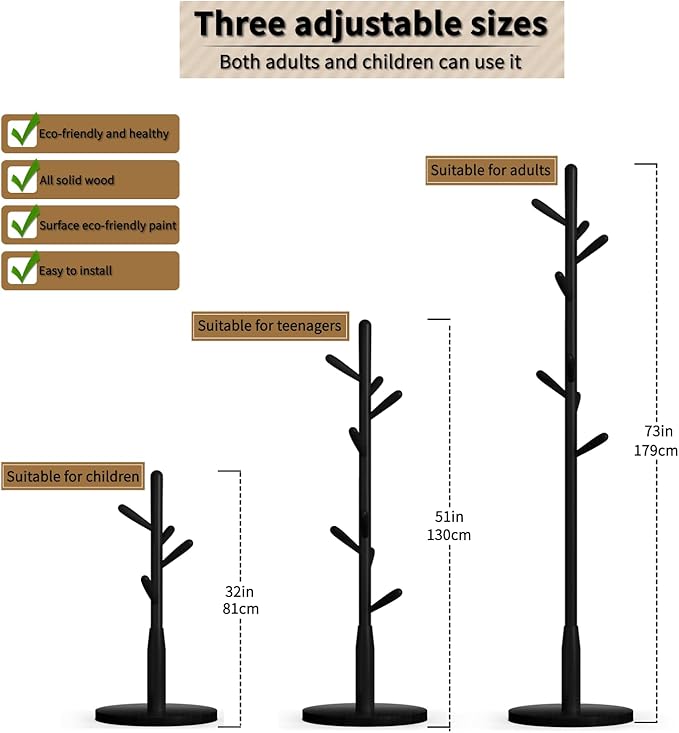 Solid Wood Round Base Coat Rack, Free Standing Hall Coat Tree with 8 Hooks（+2 spare for Coats, Hats, Bags, Purses, for Entryway, Hallway, Rubberwood Hooks,Base and Pole(Round Base,Black)