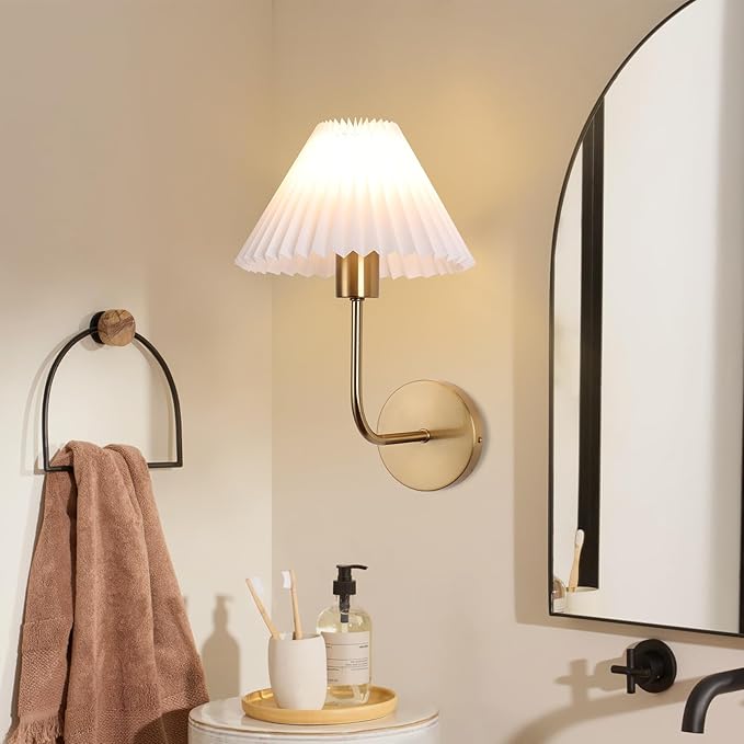 Wall Sconces Sets of 2, White Pleated Fabric lampshade, Brushed Gold Wall Lamp Curved Wall Lighting Bathroom Dresser Hardwired sconces wall decor Fixture Applicable to Living Room Bedroom Dining Room