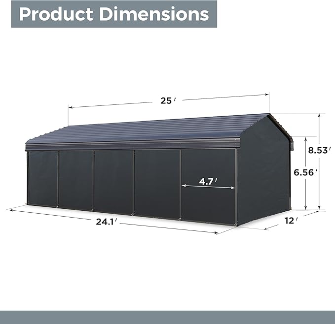 GREEN PARTY 12 x 25 ft Metal Carport Kits with Galvanized Steel Roof & Removable Sidewalls, Heavy Duty Metal Carport Canopy, Outdoor Car Tent Metal Garage Shelter for Car, SUV, Truck and Boats, Gray