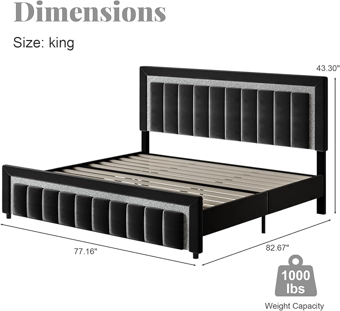HOMBCK King Size Bed Frame with Headboard, Velvet Upholstered Bed with Diamond Design, Upholstered Platform Bed Frame with Wooden Slats Support, No Box Spring Needed, Easy Assembly, Black
