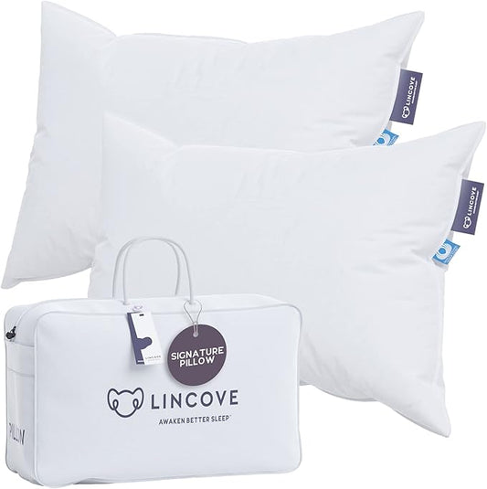 Lincove Signature 100% Natural Canadian White Down Pillow - Luxury Sleeping Pillow for Back, Stomach & Side Sleepers - 800 Fill Power Bed Pillow, 500 Thread Count, Made in Canada, King - Firm, 2 Pack