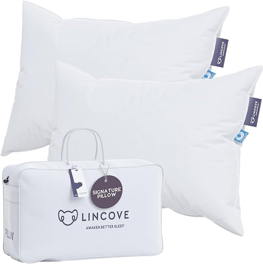 Lincove Signature 100% Canadian White Down Pillow - Luxury Sleeping Pillow for Back, Stomach & Side Sleepers - 800 Fill Power Bed Pillow, 500 Thread Count, Made in Canada, Standard - Firm, 2 Pack