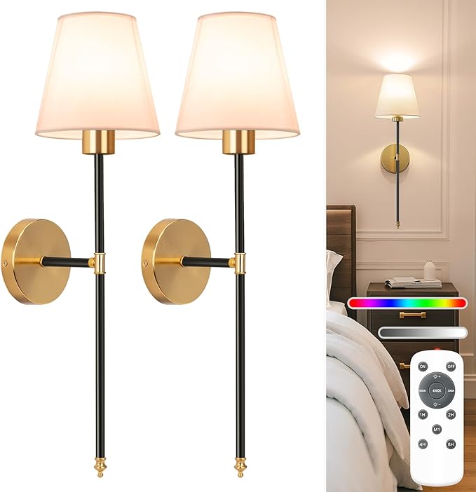 NIORSUN Battery Operated Wall Sconce Set of 2,Black-Gold Rechargeable Wall Lights with 5200mAh Dimmable Bulbs and Remote,10 Colors Wireless Wall Lamps for Bedroom Living Room Hallway Decor