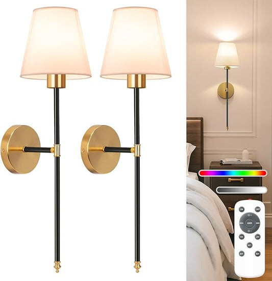 NIORSUN Battery Operated Wall Sconce Set of 2,Black-Gold Rechargeable Wall Lights with 5200mAh Dimmable Bulbs and Remote,10 Colors Wireless Wall Lamps for Bedroom Living Room Hallway Decor
