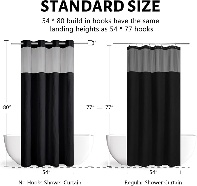 No Hook Waffle Weave Shower Curtain with Snap in Liner Set,Heavy Duty Fabric Textured Bathroom Curtain with Sheer Window,Waterproof & Machine Washable,Black,Stall Size 54x80 Inch