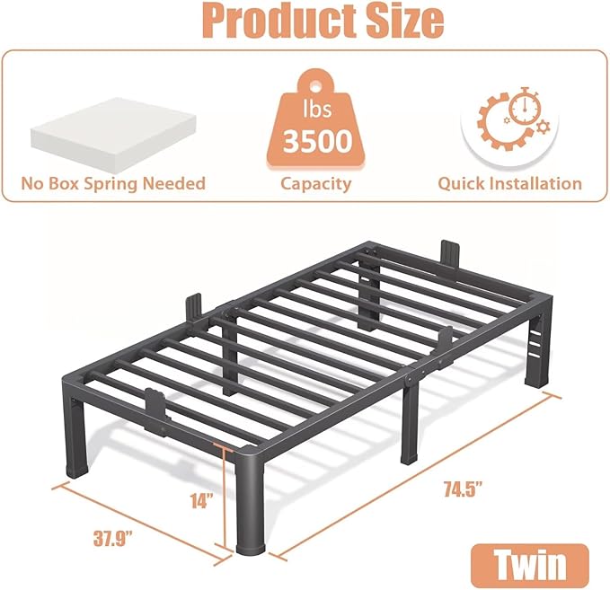 16 Inch Twin Bed Frame with Rounded Corner and Headboard Hole Mattress Retainers 3500 lbs Heavy Duty Support Metal Platform Bed Frame Noise Free No Box Spring Needed Easy Assembly