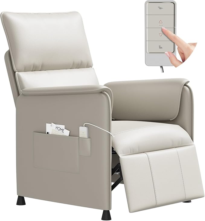 Recliner Chair，Electric Adjustable PU Leather Recliner with Remote Control and Padded Backrest,Recliner Single Sofa Seat with Thick Seat Cushion for Living Room Bedroom Home Theater (Beige)