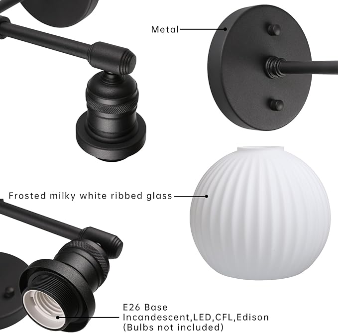 Vintage 2-Lights Wall Sconce with Milk White Glass Globe Shade, Hardwired Indoor Wall Light Fixture for Bathroom Vanity Living Room Bedroom