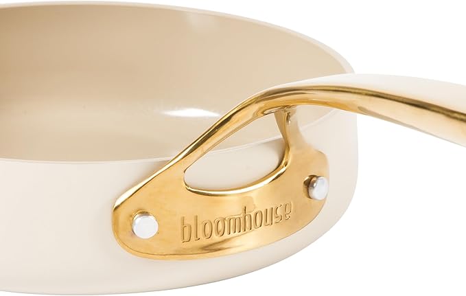 bloomhouse 8 Inch Heavy Duty Aluminum Premium PFA Free Ceramic Nonstick Saute/Deep Frying Pan Skillet - Almond Cream w/Gold Handle