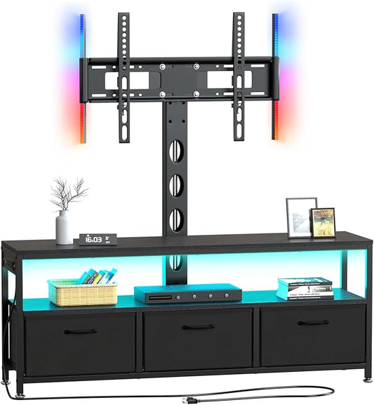 JUSTOGO TV Stand with Mount and Power Outlet, TV Stand Mount with Storage for Living Room, Entertainment Center with LED Lights for 45/55/60/65 inch, Height Adjustable Media Console, Black